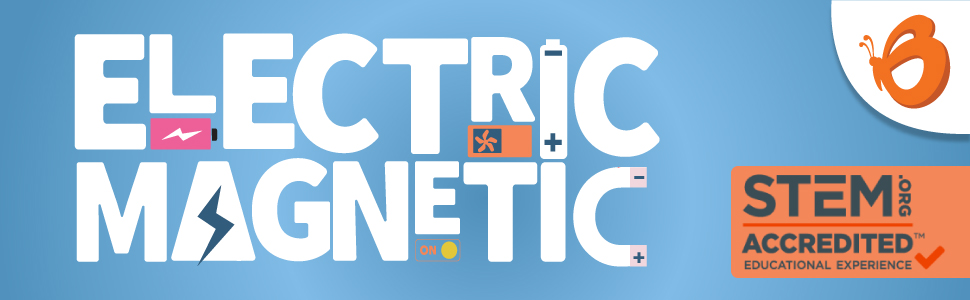 Educational product logo reading 'Electric Magnetic' with STEM accredited badge in corner, using blue and orange color scheme.