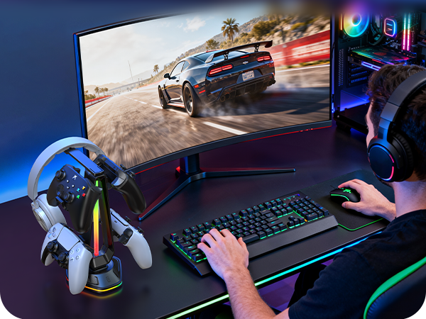 RGB Gaming Headphones Stand with 12 Light Modes, Controller Holder with 2 USB Charging Ports