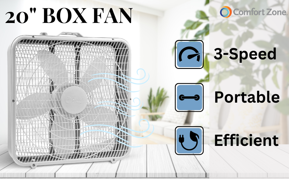 comfort zone portable 20 inch box fan white 3-speed