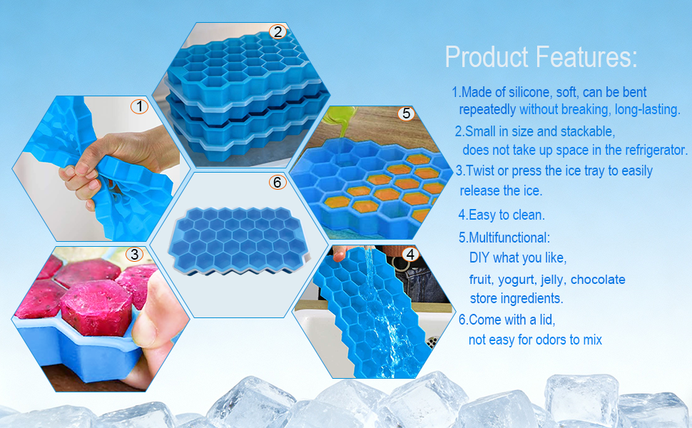 Text reads 'Product Features' with bullet points listing specifications. Colorful blue, pink, and white hexagonal ice cube trays or cooling storage containers displayed together.