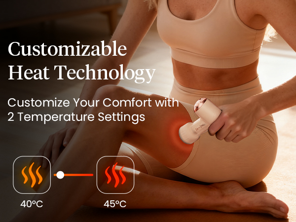 Woman uses the infrared heating head on her thigh beside 40°C and 45°C heat settings.