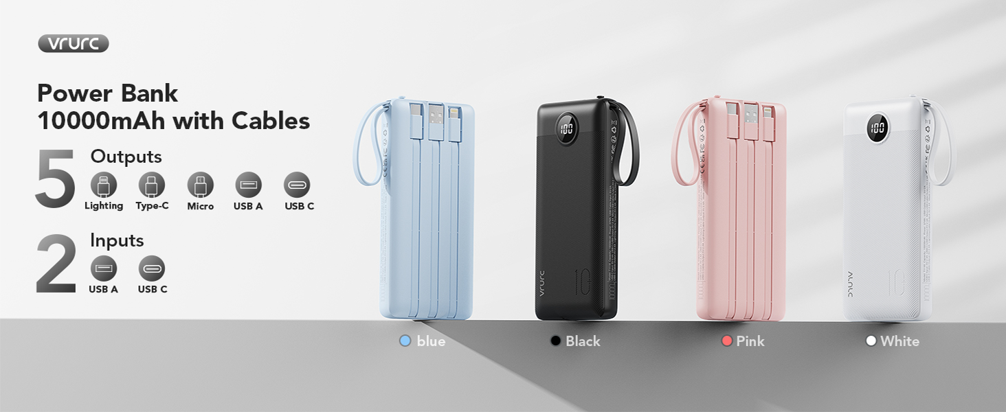 Power bank lineup in four colors: blue, black, pink, white. Features 10000mAh capacity, 5 outputs, 2 inputs, and included cables.