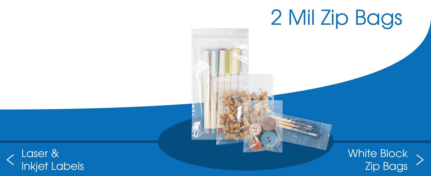 Four sizes of our 2 Mil zipper bags with markers, pins, buttons, and brushes sealed inside them.
