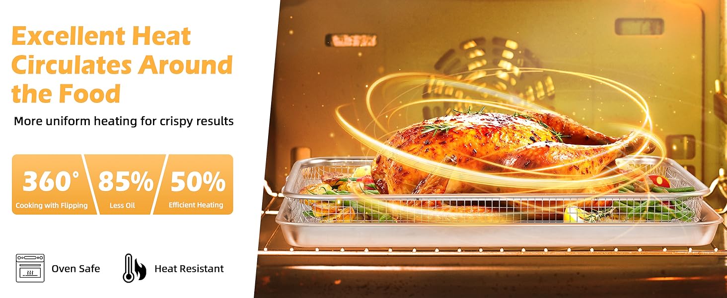 Elevated air fryer rack allows heat circulate around the food for 360° even heating