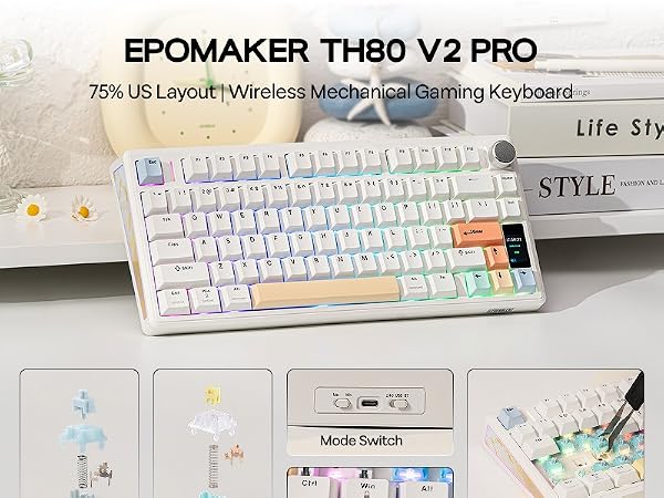 Text reads 'EPOMAKER TH80 V2 PRO' and '75% US Layout/Wireless Mechanical Gaming Keyboard'. Multiple views of a compact white mechanical keyboard with RGB backlit keys and minimalist design.