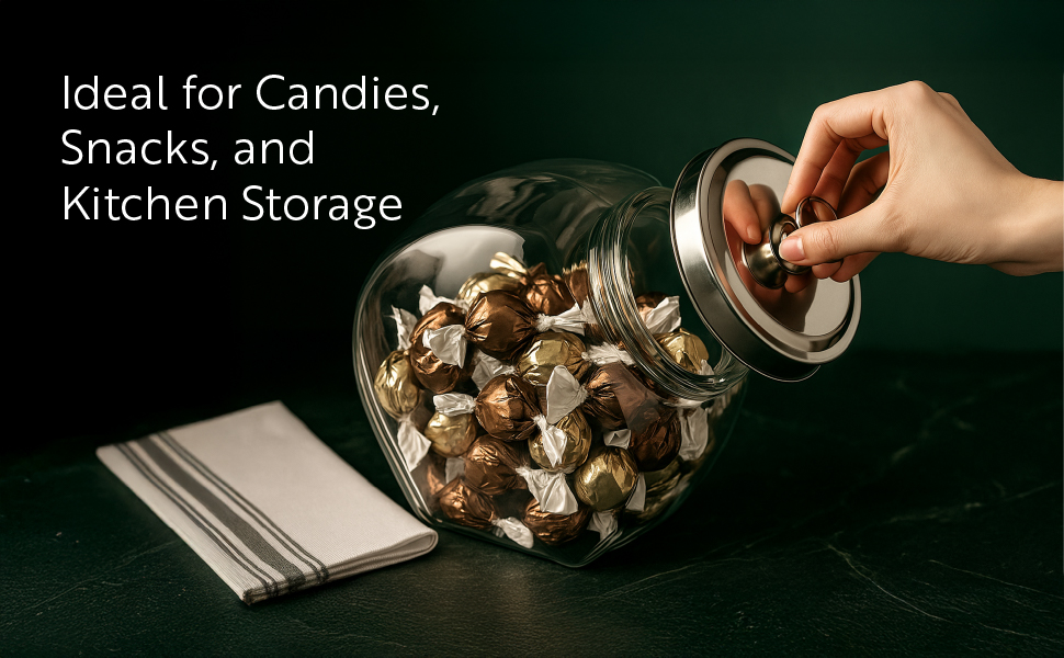 glass penny jar, chrome lid jar, countertop storage jar, candy display jar, glass storage container