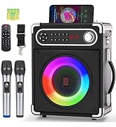 Karaoke Machine with 2 Wireless Microphones,Portable Bluetooth 5.1 Speaker for Adults Kids,Bass/T...