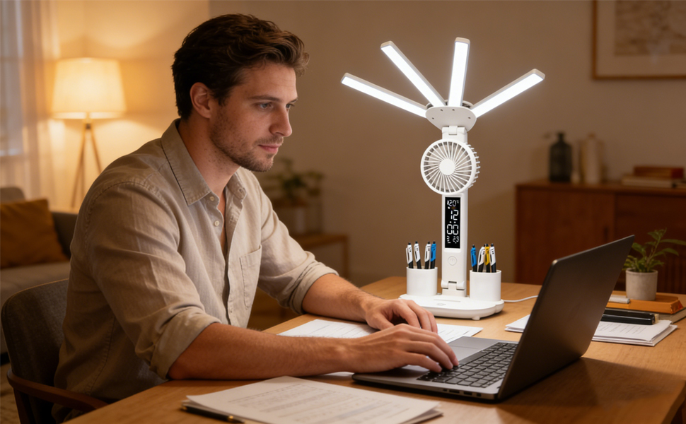 Foldable Led Desk Lamp with Fan Clock Light Study