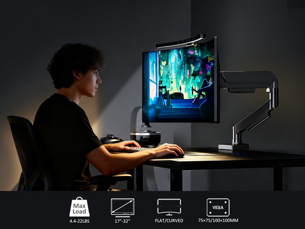 Sequence showing a desk lamp in use for ambient lighting. Multiple screens and monitors visible in dark setting demonstrating lamp's illumination effect.