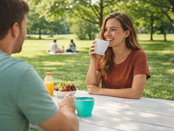Drink beverages from a camping cup while camping outdoors.