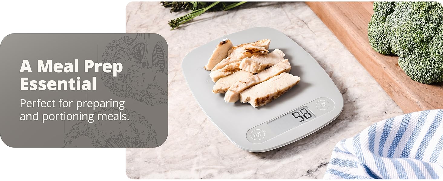 Meal prep with greater goods nutrition scale, Scale sitting on countertop with chicken on surface