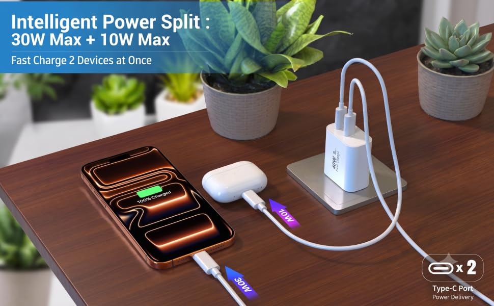 Intelligent power split 40W dual USB-C charger delivering 30W Max and 10W Max to two devices