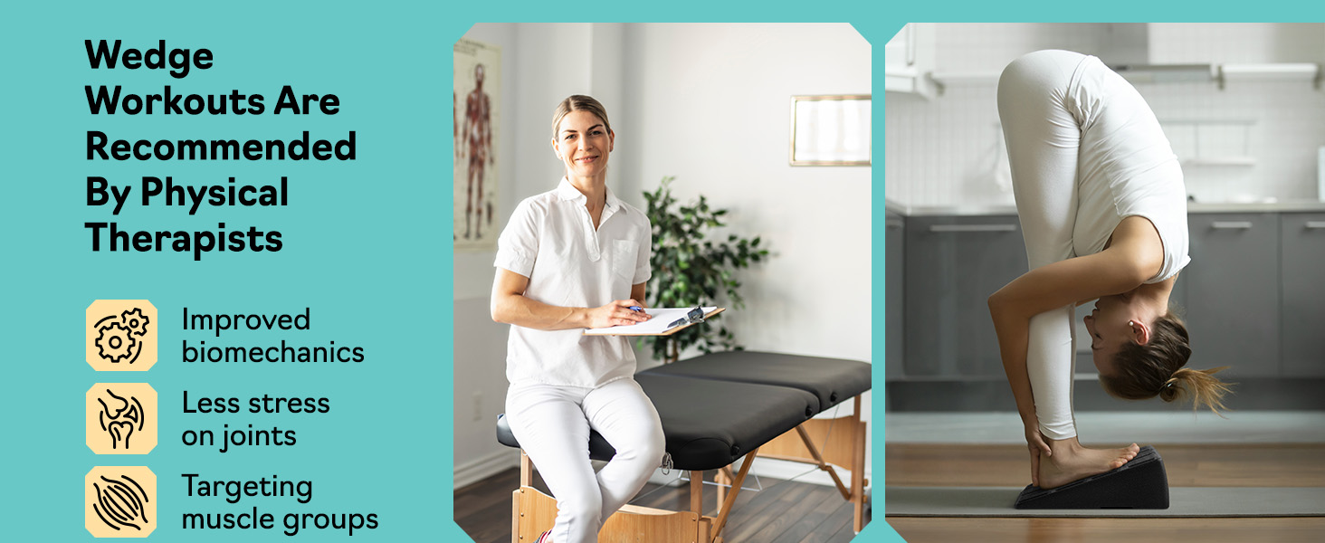 Woman stretching on slant board calf stretcher, squat wedge block for joints and muscle support