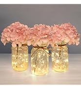 Set of 3 Mason Jar with Lights Blush Hydrangea Decorative Jars Flower Vase Farmhouse Table Center...