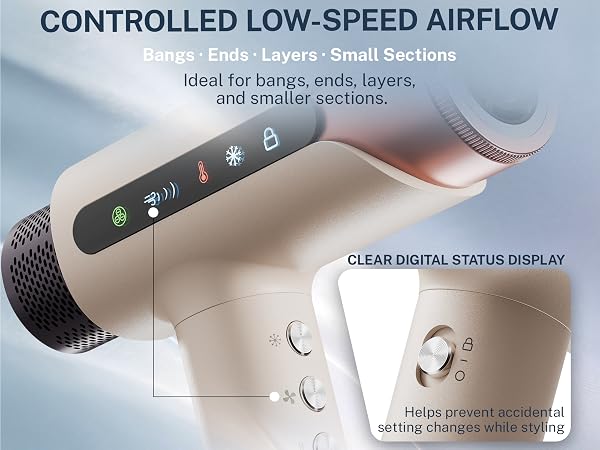 Instant cool shot hair dryer with digital status display for finishing styles