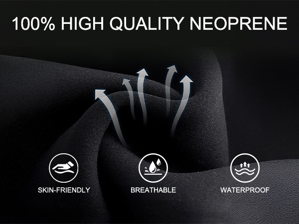 Black neoprene material with text '100% HIGH QUALITY NEOPRENE' and icons indicating skin-friendly, breathable, and waterproof properties.