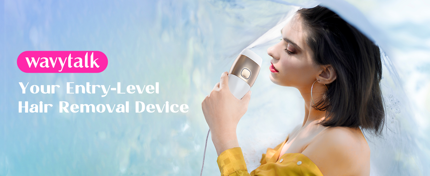 Wavytalk branded hair removal device advertisement showing product use against blue background.