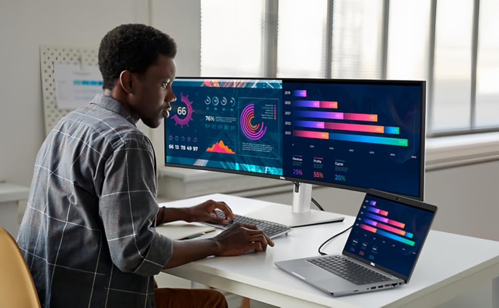 Person working at desk with multi-monitor setup displaying colorful data visualizations and charts. Laptop also visible on desk.
