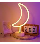 ENUOLI Warm White Moon Shape Led Neon Night Light with Holder Base Moon Neon Sign Lamp Power by B...