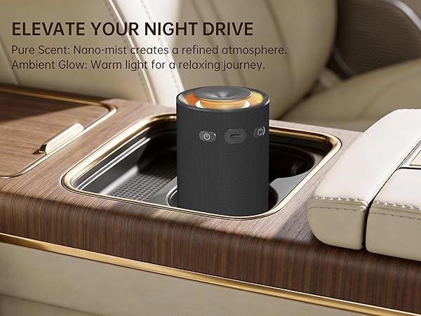 Text reads 'ELEVATE YOUR NIGHT DRIVE'. Series of images showing car cup holder with illuminated features in dark setting.