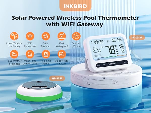 INKBIRD Solar Wireless Pool Thermometer with 7-in-1 WiFi Gateway Swimming Pool Thermometer