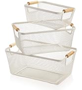 Noamus 3 Pack Metal Mesh Baskets with Wood Handle, Iron Storage Organizer Baskets, White Wire Cou...