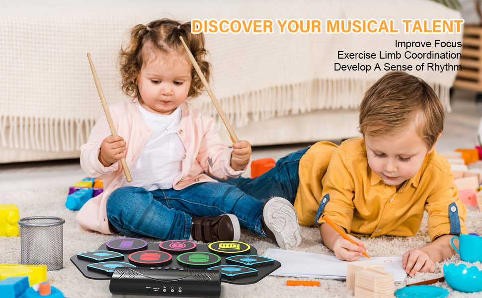 9 Pad Electronic Drum Set, Roll Up Portable Drum Pad Kit with MIDI Bluetooth, Built-in Speaker