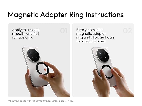 Text reads 'Magnetic Adapter Ring Instructions', 'Apply to a clean, smooth, dry face only', and 'Firmly press the magnetic adapter ring and allow 24 hours for a secure bond'. Two instructional photos showing hands holding magnetic ring adapter with black and red components.