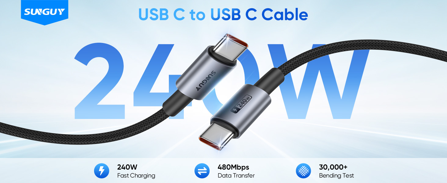 240W PD USB C Cable Fast Charger Cord, Durable Braided, 480Mbps Data Transfer