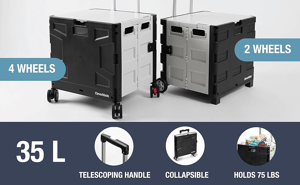 Collapsible crate on wheels with 35L storage capacity for groceries supplies books and travel gear