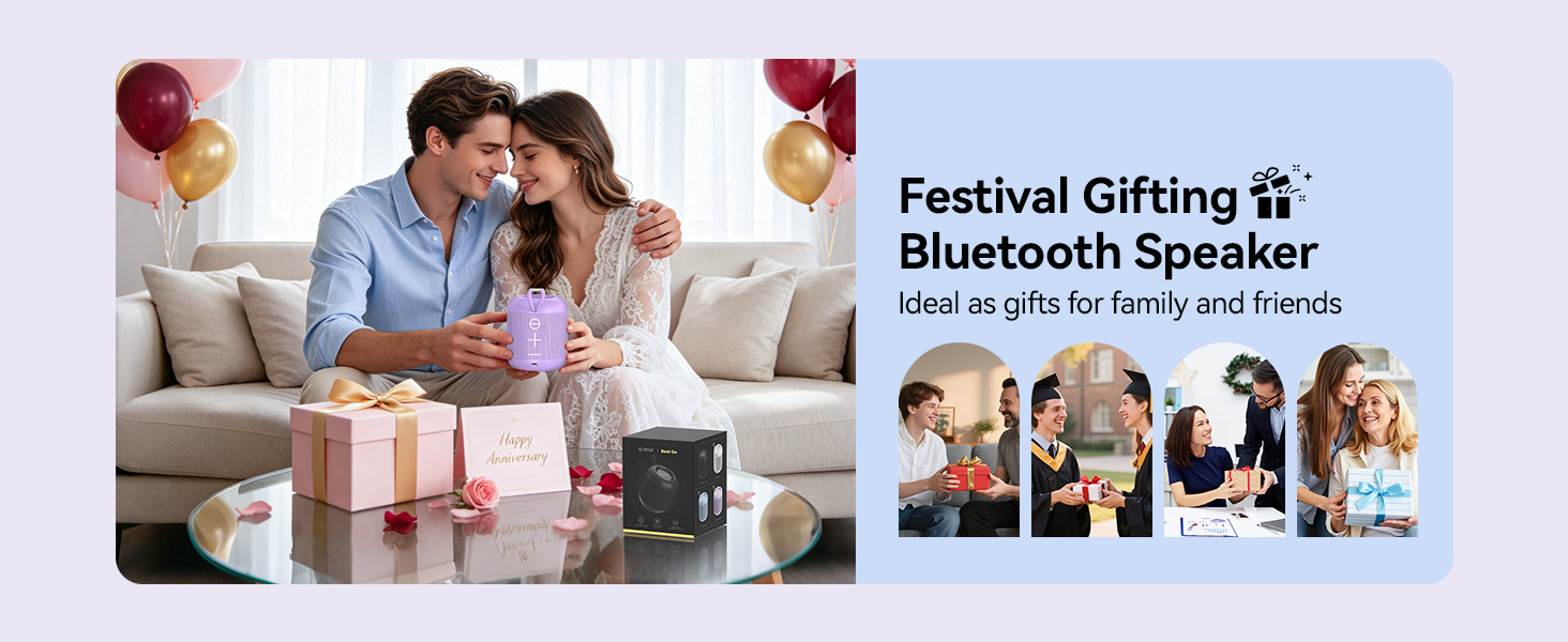 Text reads 'Festival Gifting &amp; Bluetooth Speaker'. Split image showing family group with wrapped presents on left, and four people with speaker product on right.