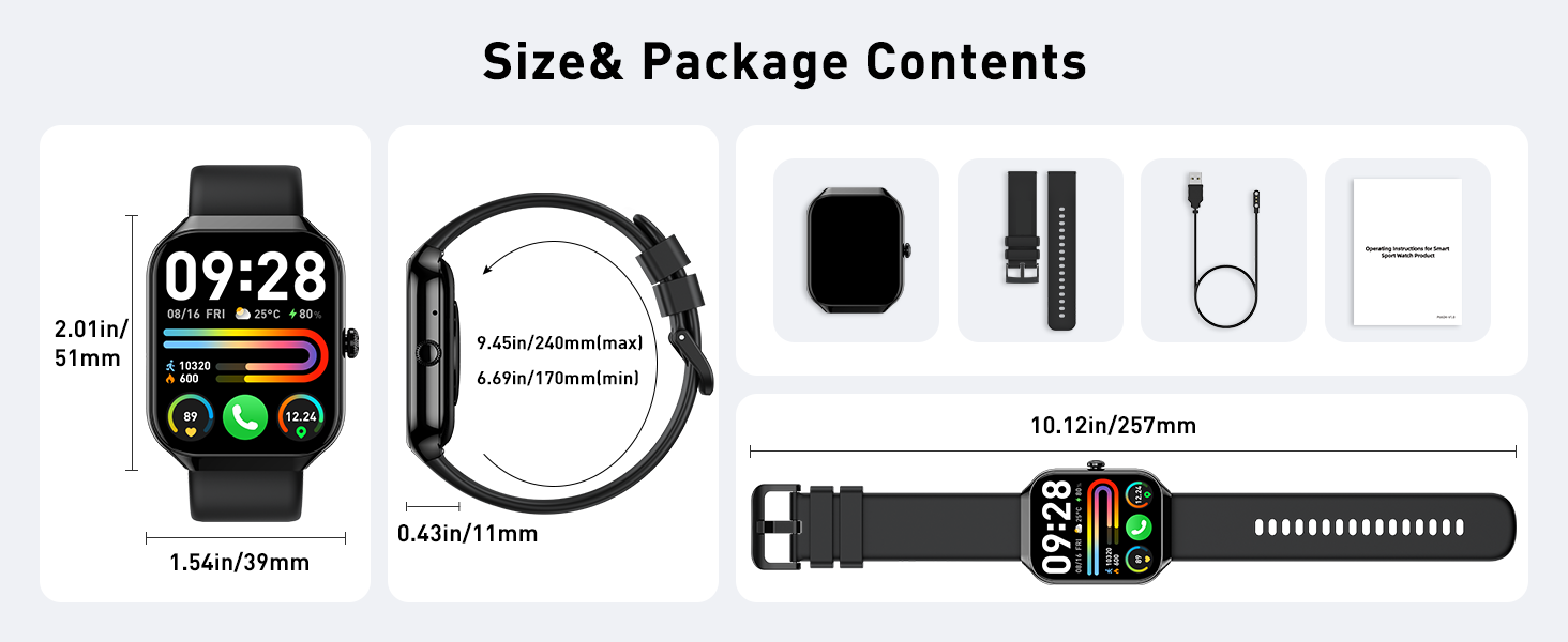 Smart watch package contents layout showing watch, strap, charging cable and accessories with dimension measurements.