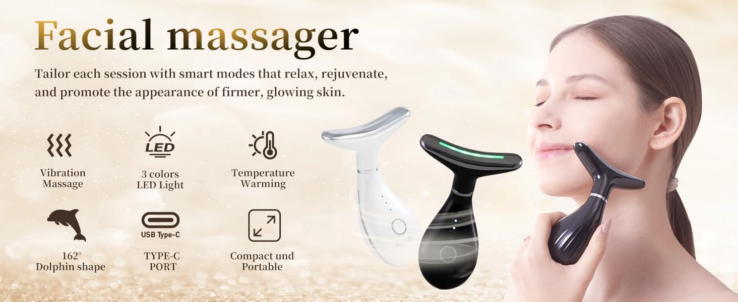 Smiling woman using Viminto 3-in-1 facial massager with LED light and heat on neck and jawline