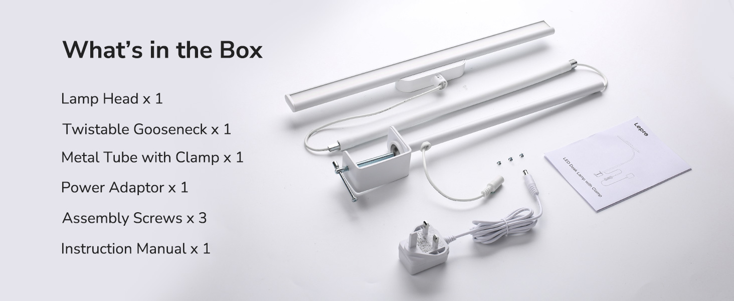 Text reads 'What's in the Box' showing product contents including 'Turntable Screwdriver x 1', 'Power Adapter x 1', 'Assembly Screws x 4', and 'Instruction Manual x 1'. White components displayed.