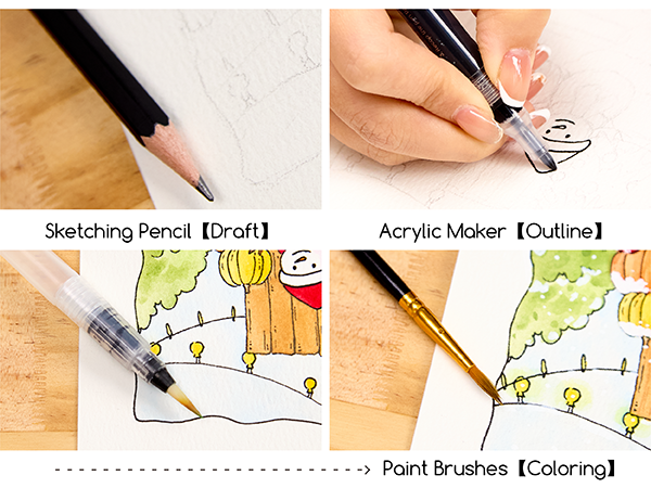 4 steps of watercolor: draft with sketching pencil, outline with acrylic marker, coloring with brush