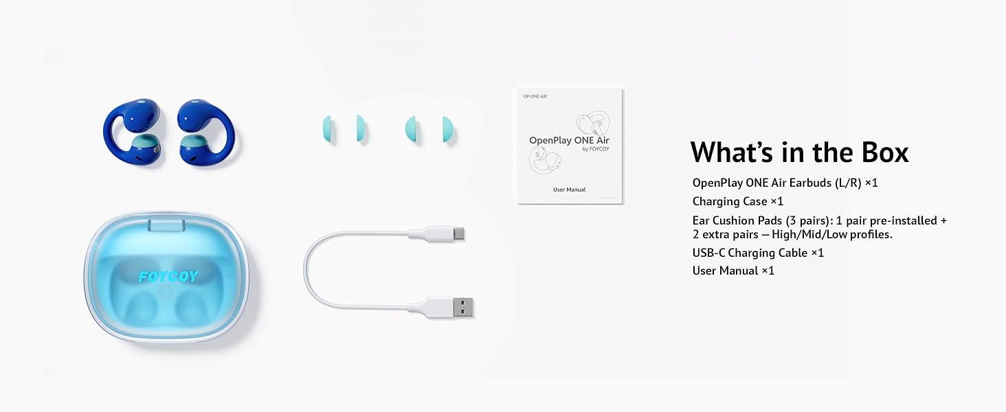 Package contents: OpenPlay earbuds charging case cable and accessories.