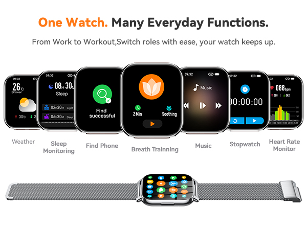 smart watch with Calorie Tracker, Stopwatch, Pedometer, Music Playback/Control, Weather