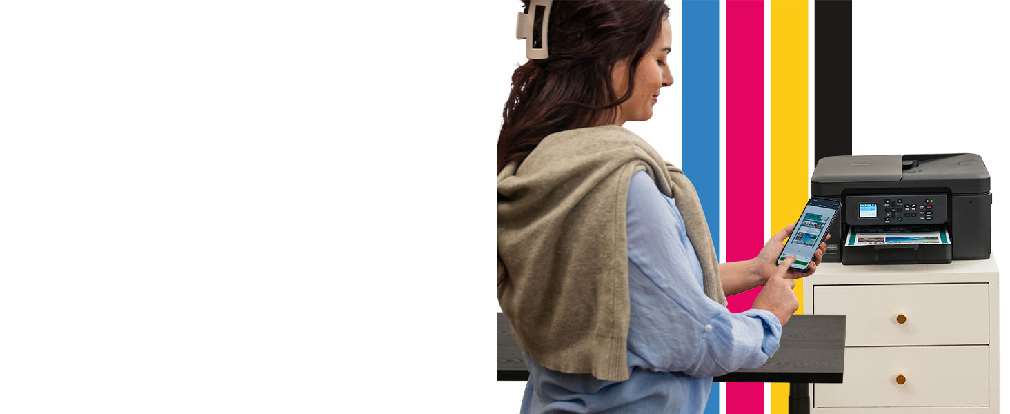 Person using Brother Mobile Connect app on iPhone to send document to Brother 1360 ink printer