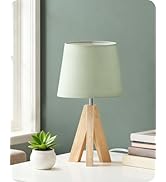 GOEBLESON Tripod Table Lamp, Small Bedside Lamp with Wood Base &amp; Green Fabric Shade, Little Cute ...