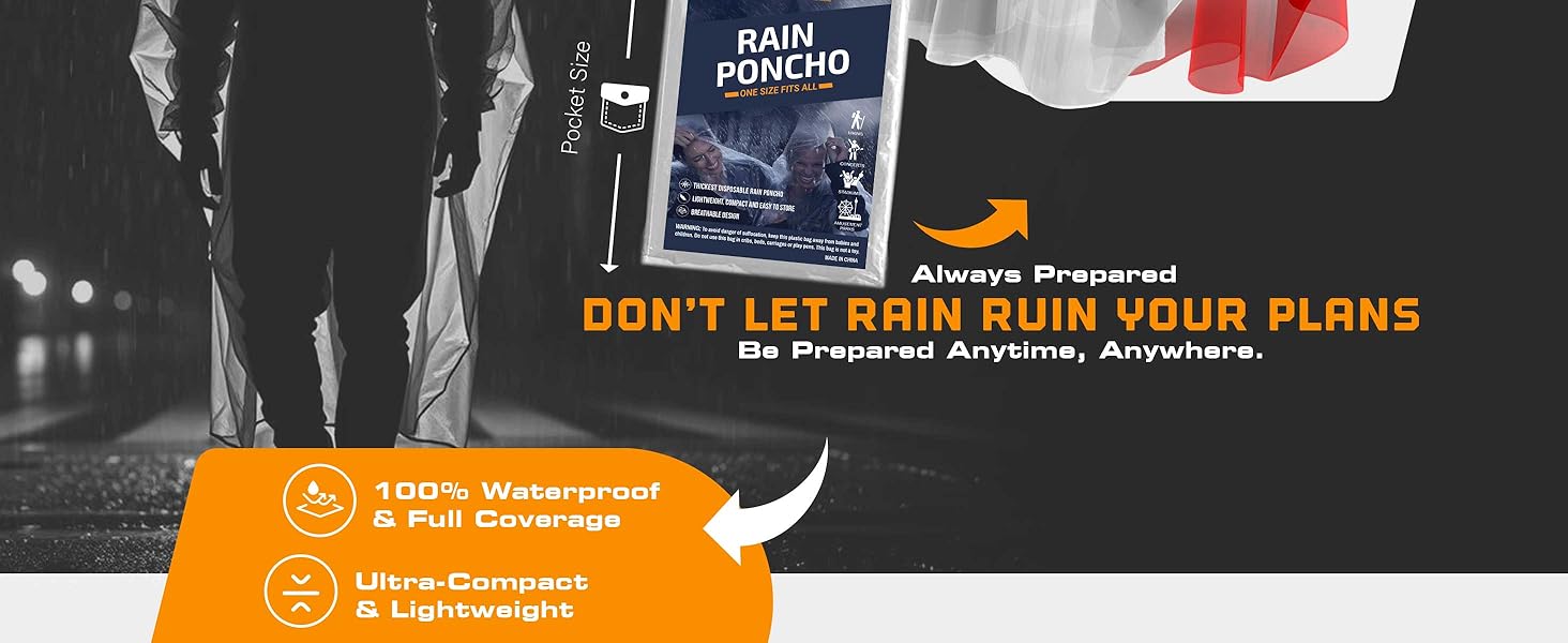 rain poncho packaging shown highlights of waterproof, lightweight, and full coverage features
