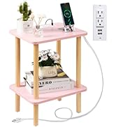 FORAOFUR Side Table with Charging Station, Cream Pink, Rectangular, 16.5"L x 12.6"W x 21.2"H