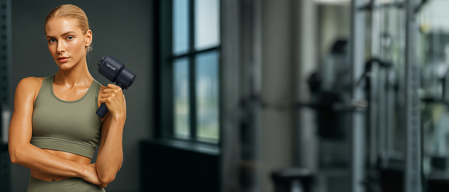 Product lifestyle photo showing athletic wear in gym setting with glass windows and modern interior.