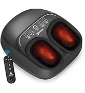 Black foot massager with two red-lit massage compartments, control panel, and wireless remote. Features multiple massage modes and heat function.