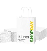 SHOPDAY 150 Pack White Paper Bags with Handles Bulk 5.25x3.75x8 Kraft Paper Bags for Small Busine...