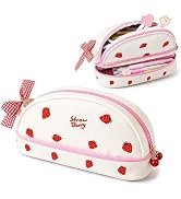 Fiaoudm Cute Kawaii Strawberry Pencil Case for Girls – Large Capacity Double Layer PU Leather Pen...