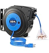 SURAIELEC Retractable Extension Cord Reel, 50 FT 14 AWG/3C SJTOW Power Cord, 3 Outlets Triple Tap...