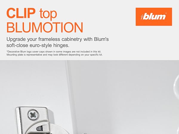 A close-up of a door hinge in a wooden cabinet. Text reads: Clip top Blumotion 