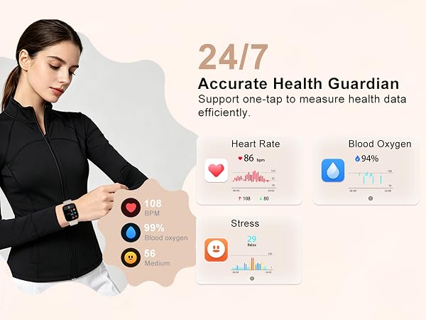 Text reads "24/7 Accurate Health Guardian" and "Support one-tap to measure health data efficiently." Woman wearing smartwatch displaying health metrics including heart rate, blood oxygen, stress, and sleep monitoring icons.