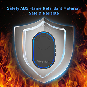 Flame retardant device with shield-shaped design, featuring ABS material construction with blue accent trim and Wessun branding against fiery background.