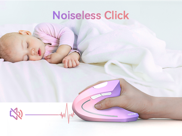 Text reads 'Noiseless Click'. Product demonstration showing pink computer mouse next to sleeping infant, with sound wave icon indicating quiet operation.